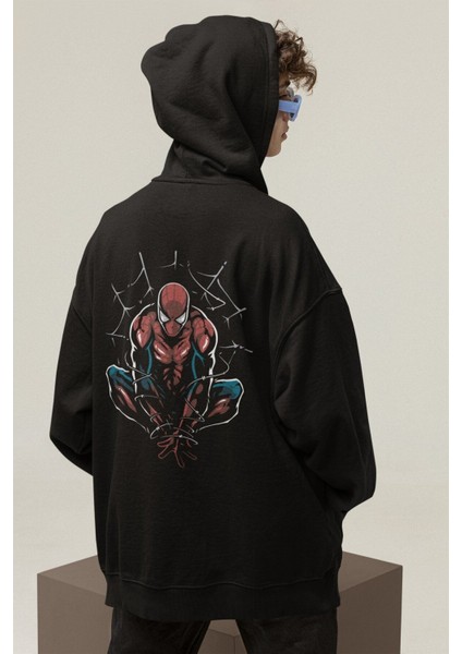 Örümcek Adam Sırt Baskılı Kapüşonlu Sweatshirt, Unisex Oversize Marvel Spiderman Baskılı Hoodie