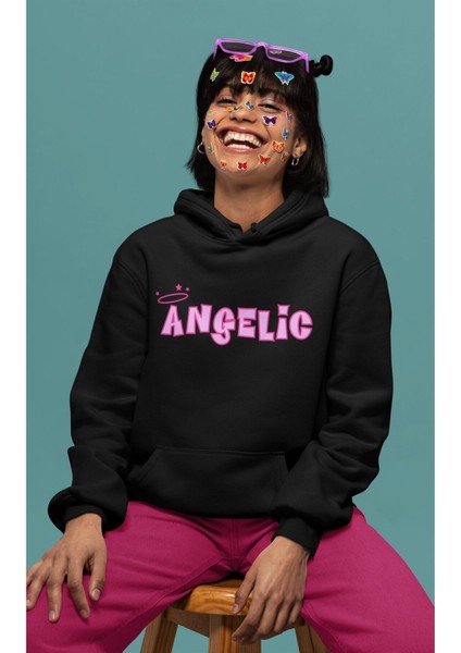 Angelic Yazılı Kapüşonlu Sweatshirt, Kadın Pembe Baskılı Hoodie