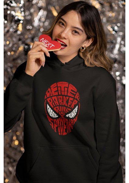 Spider Man Örümcek Adam Kaligrafik Baskılı Kapüşonlu Sweatshirt, Unisex Oversize Baskılı Hoodie