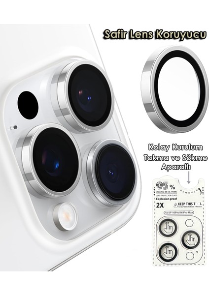 iPhone 16 Pro Max ve 16 Pro Safir Lens Koruyucu Gerçek Metal Dayanıklı Takma ve Sökme Aparatlı Kamera Koruyucu
