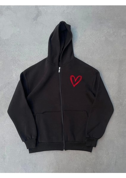 Üç Iplik Baskılı Fermuarlı Kapşonlu Hırka - Siyah fiyatları