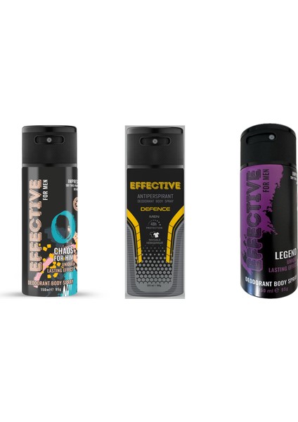 Effective Vücut Deodorantı - 3 Çeşit - Chaos - Effective - Legend - For Men - 150 ml x 3 adet