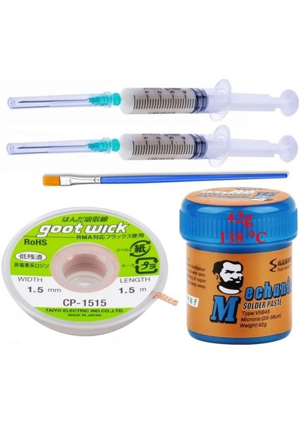 Krem Lehim Sıvı Lehim Mechanic Solder Paste 42 Gr 138C Lehim Emme Temizleme Teli 1,5 mm 5/1 Arada