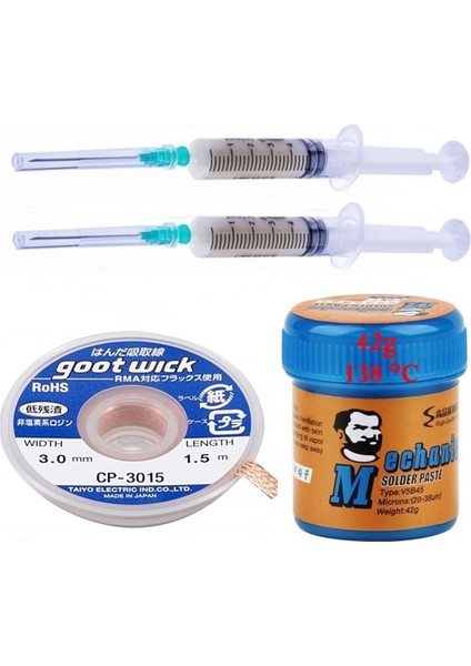 Krem Lehim Solder Paste 138°C 42 Gr Flux Lehim Toplama CP-3015 Lehim Emme Teli 3 mm Set