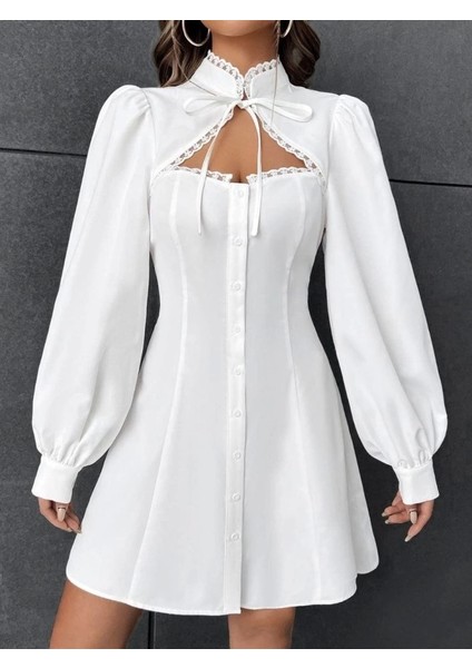 Kadın Uzun Kollu Balıkçı Yaka Göğüs Detay Diz Üstü Elbise