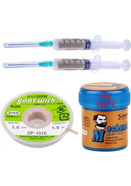 Mechanic Solder Paste Krem Lehim 138°C Noclean SN42Bİ58 42 Gr Lehim Toplama CP-1515 Emme Teli 1,5 mm Set