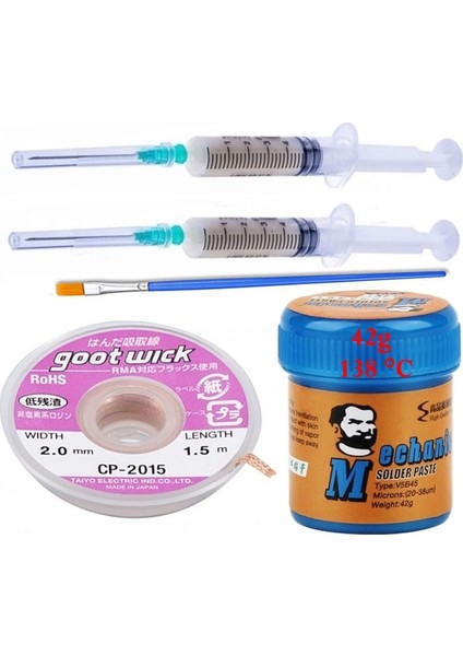 Krem Lehim Sıvı Lehim Mechanic Solder Paste 42 Gr 138C Lehim Emme Temizleme Teli 2,0 mm 5/1 Arada
