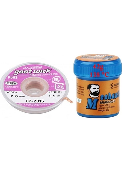 2 in 1 Arada 138C Krem Lehim Sıvı Lehim Solder Paste 42 Gr Lehim Emme Temizleme Teli 2,0 mm CP-2015