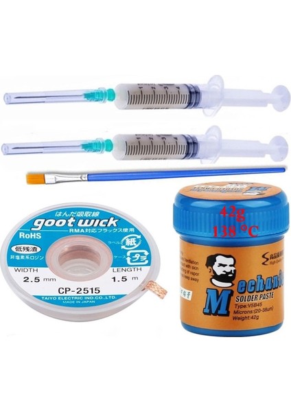 Lehim Sıvı Lehim Mechanic Solder Paste 42 gr 138C Lehim Emme Temizleme Teli 2,5 mm 5/1 Arada