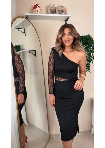 Kadın Siyah Tek Kol Dantel Detay Krep Elbise fiyatları