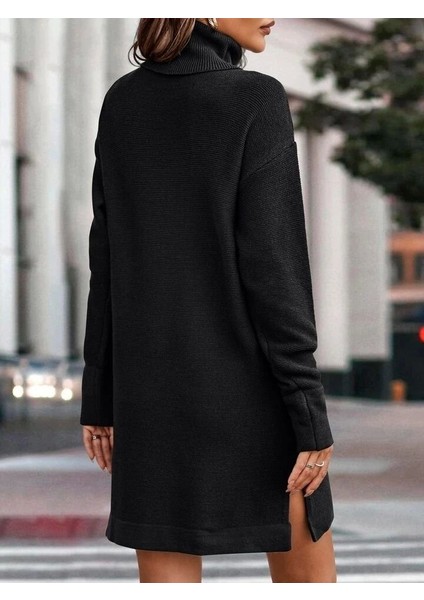Kadın Uzun Kollu Boğazlı Yaka Yanları Yırtmaç Detay Triko Mini Boy Elbise fiyatları