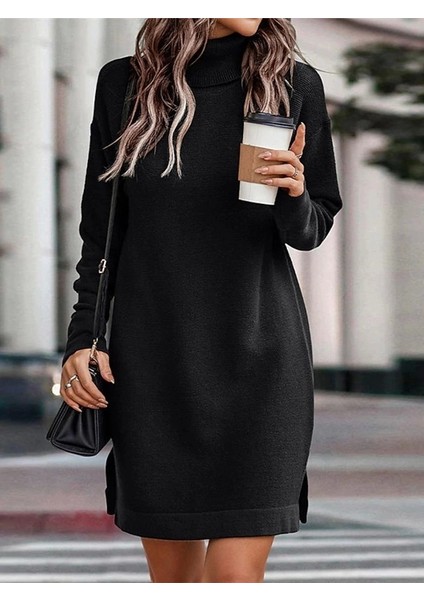 Kadın Uzun Kollu Boğazlı Yaka Yanları Yırtmaç Detay Triko Mini Boy Elbise modelleri