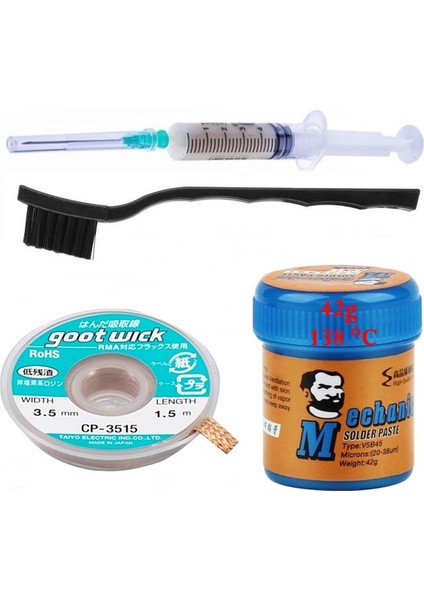 Mechanic Krem Lehim Solder Paste 138°C SN42Bİ58 42 Gr Flux Lehim Toplama CP-3515 Lehim Emme Teli 3,5 mm