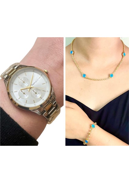 Silver&gold Çelik Kordon Kadın Kol Saat+Nazarlıklı Set