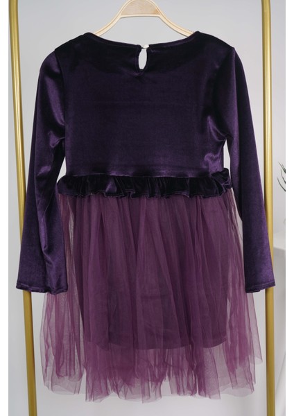 Kız Çocuk Yılbaşı Temalı Eteği Tül Astarlı Tokalı Kadife Uzun Kol Elbise