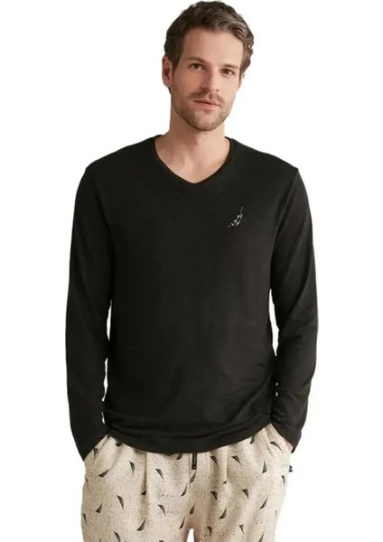 V Yaka Yumuşak Dokulu Uzun Kollu Erkek Tek Üst Sweat Pijama M622