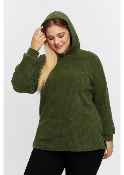 Büyük Beden Rahat Kapşonlu Yırtmaçlı Rahat Yumuşak Sweat-Haki