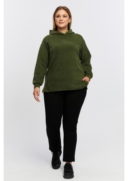 Büyük Beden Rahat Kapşonlu Yırtmaçlı Rahat Yumuşak Sweat-Haki fiyatları