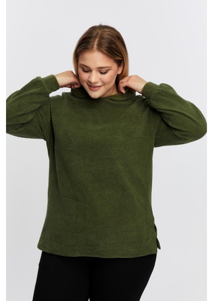 Büyük Beden Rahat Kapşonlu Yırtmaçlı Rahat Yumuşak Sweat-Haki modelleri