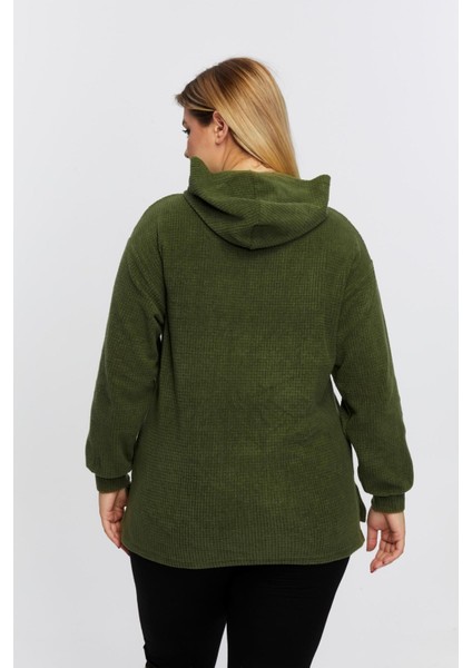 Büyük Beden Rahat Kapşonlu Yırtmaçlı Rahat Yumuşak Sweat-Haki fırsatları