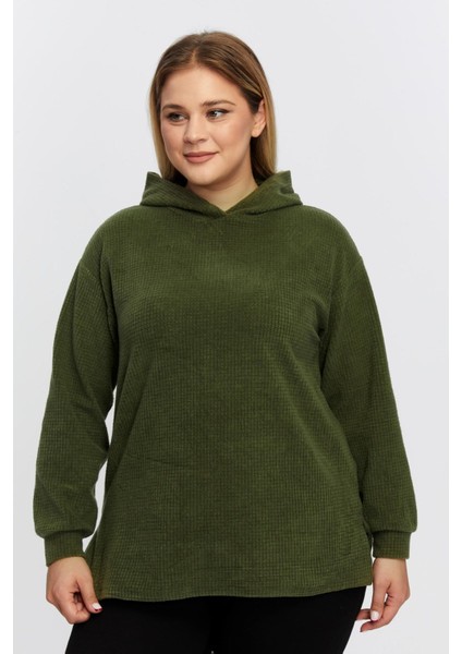 Büyük Beden Rahat Kapşonlu Yırtmaçlı Rahat Yumuşak Sweat-Haki indirimleri