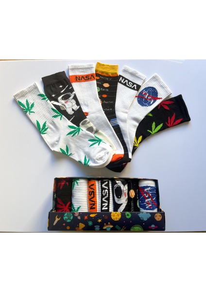 Socks And More Uzay ve Bitki Desenli Renkli 7'li Çorap Kutusu Unisex Renkli