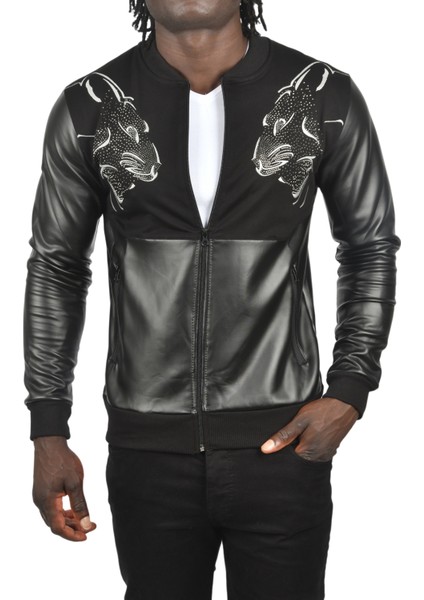 Taş Işlemeli Leopar Desenli Suni Deri Ceket Mont Biker Ceket 2500728