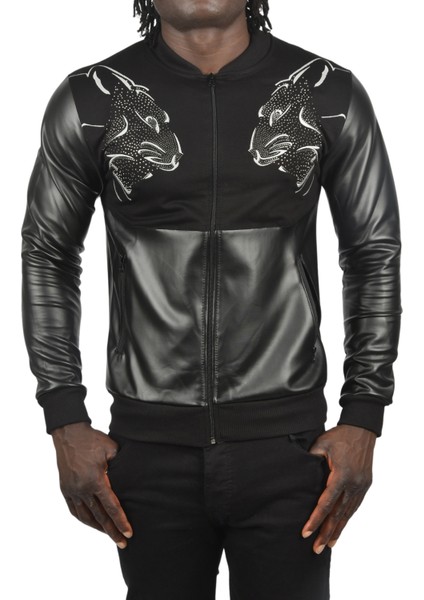 Taş Işlemeli Leopar Desenli Suni Deri Ceket Mont Biker Ceket 2500728