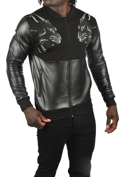 Taş Işlemeli Leopar Desenli Suni Deri Ceket Mont Biker Ceket 2500728