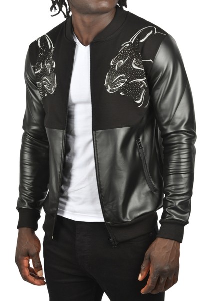 Taş Işlemeli Leopar Desenli Suni Deri Ceket Mont Biker Ceket 2500728