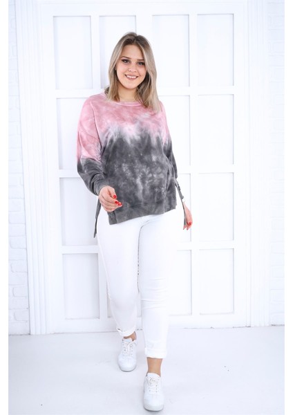 Pembe-Gri Batikli Yanları Yırtmaçlı Sweat