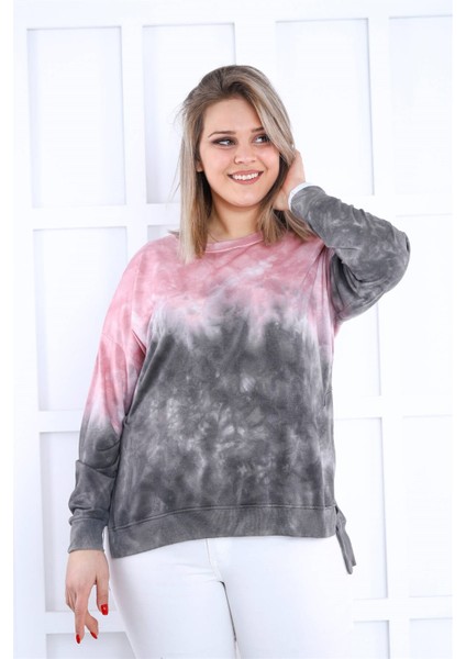 Pembe-Gri Batikli Yanları Yırtmaçlı Sweat fiyatları