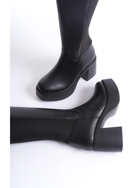 Lostar Siyah Streç Arkası Esnek Yüksek Kalın Platform Topuklu Çizme fırsatları
