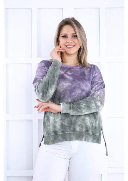 Lila-Yeşil Batikli Yanları Yırtmaçlı Sweat fiyatları
