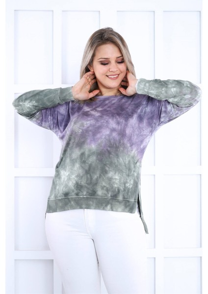 Lila-Yeşil Batikli Yanları Yırtmaçlı Sweat modelleri