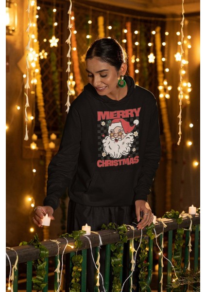 Cngz Shop Merry Christmas Yazılı Kapüşonlu Sweatshirt, Unisex Oversize Noel Baba Baskılı Hoodie