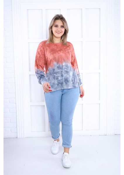 Kiremit-Mavi Batikli Yanları Yırtmaçlı Sweat