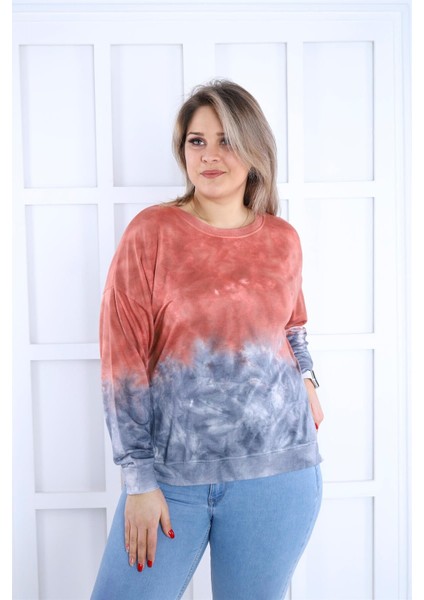 Kiremit-Mavi Batikli Yanları Yırtmaçlı Sweat fırsatları