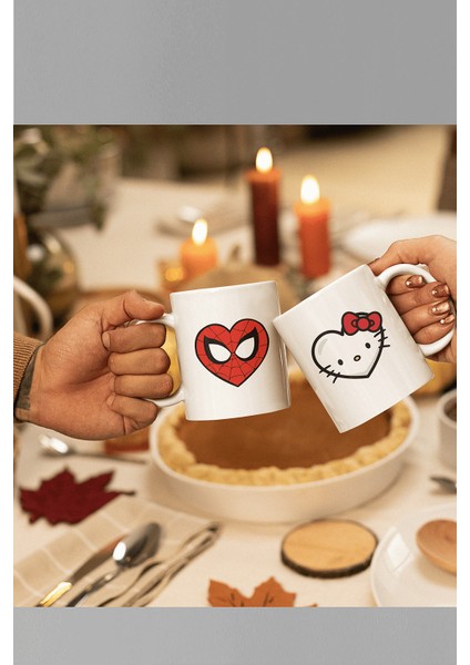 Hello Kitty ve Spiderman Kalp Sevgili/çift/arkadaş 2'li Kupa Bardak Seti