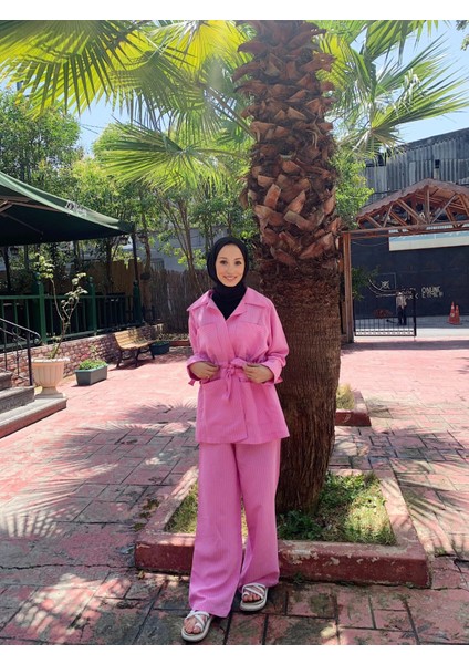 GPTKM003 Çizgili Pantolonlu Takım Pembe