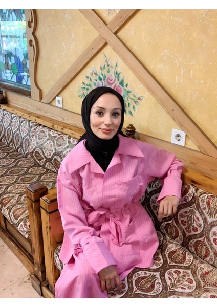GPTKM003 Çizgili Pantolonlu Takım Pembe