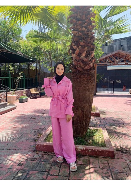 GPTKM003 Çizgili Pantolonlu Takım Pembe