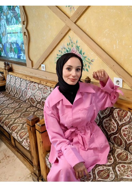 GPTKM003 Çizgili Pantolonlu Takım Pembe
