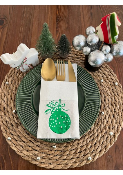 Yeşil Yaldızlı Yılbaşı Çam Ağacı Süsü 12 Li Beyaz Renkli Kağıt Cepli Peçete