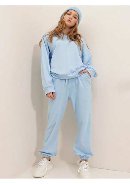 Pembe Kadın Oversize Geniş 3 Iplik Polarlı Şardonlu %100 Pamuk Bisiklet Yaka Eşofman Takımı