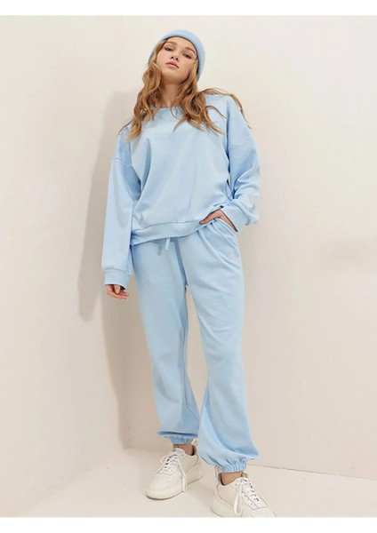 Pembe Kadın Oversize Geniş 3 Iplik Polarlı Şardonlu %100 Pamuk Bisiklet Yaka Eşofman Takımı modelleri