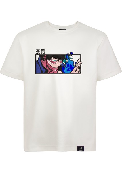 Relaxed Fit Basic Beyaz Nakışlı Tişört Dabi Anime Işlemeli Sıfır Yaka Tişört