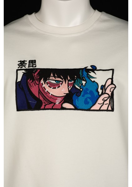 Relaxed Fit Basic Beyaz Nakışlı Tişört Dabi Anime Işlemeli Sıfır Yaka Tişört
