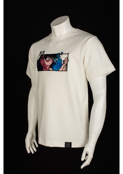 Relaxed Fit Basic Beyaz Nakışlı Tişört Dabi Anime Işlemeli Sıfır Yaka Tişört