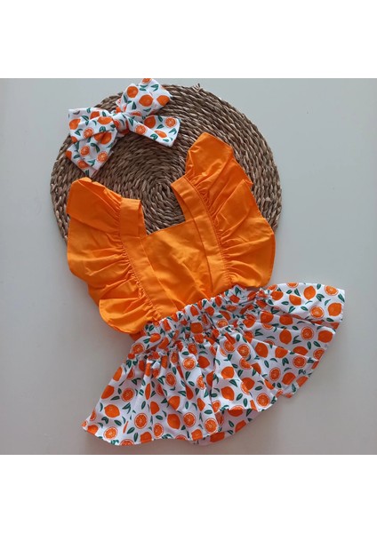 Kız Bebek Turuncu Portakal Desenli Fırfırlı Salopet Bandana Takım
